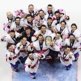 MAGIC MOMENT: Great Britain's players celebrate their gold medal triumph in the World Championships Division 1A tournament held in Nottingham in May, emsuring an instant return to the top tier. Picture: Hayley Roberts/Ice Hockey UK