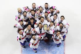 MAGIC MOMENT: Great Britain's players celebrate their gold medal triumph in the World Championships Division 1A tournament held in Nottingham in May, emsuring an instant return to the top tier. Picture: Hayley Roberts/Ice Hockey UK