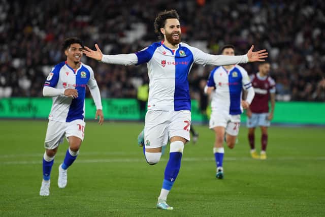 LONDON, ENGLAND - NOVEMBER 09: Ben Brereton Diaz of Blackburn Rovers celebrates after scoring their team's second goal during the Carabao Cup Third Round match between West Ham United and Blackburn Rovers at London Stadium on November 09, 2022 in London, England. (Photo by Justin Setterfield/Getty Images)