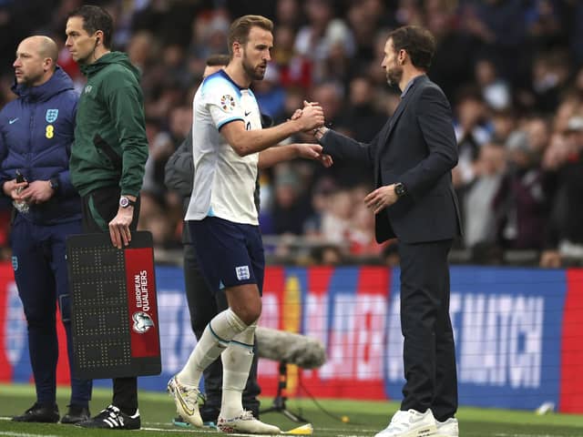 England coach Gareth Southgate shakes hands with Harry Kaneas the captain leaves the field