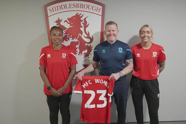 STARTING OUT: Manager Mick Mulhern with Boro players Armani Maxwell (left) and Jess Dawson (right)