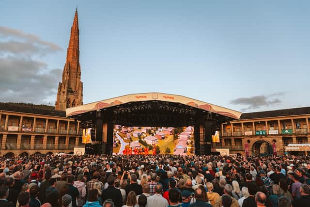 The crowd watch David Byrne performing at The Piece Hall, Halifax. Picture: Ellis Robinson/Cuffe and Taylor