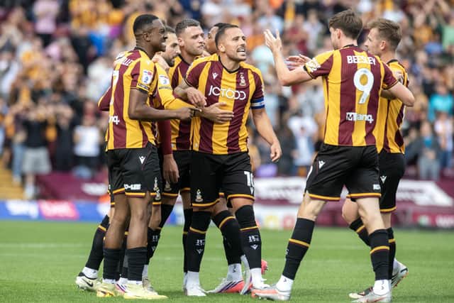 Bradford City captain Antoni Sarcevic celebrates after his match-winning goal in the first half against Mansfield Town. Photo: Tony Johnson.