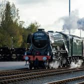 The Flying Scotsman arrives at the Railport in Doncaster