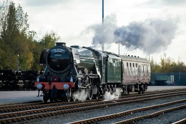 The Flying Scotsman arrives at the Railport in Doncaster