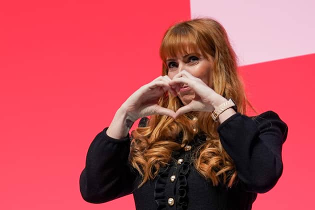 Angela Rayner gestures as she addresses delegates during day one of the annual Labour party conference in Liverpool, England.