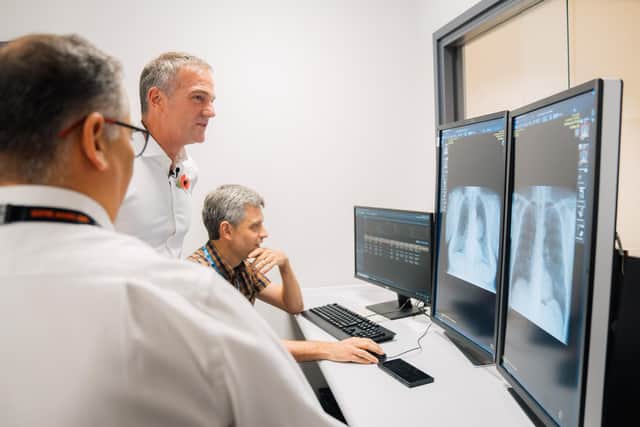 Huddersfield Royal Infirmary staff show Shadow Technology Secretary Peter Kyle how they use an artificial intelligence programme to detect lung cancer in chest x-rays