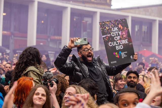 The moment Bradford found out it had been awarded 'City of Culture 2025' in Centenary Square on May 31, 2022.  Picture by Bruce Rollinson.
