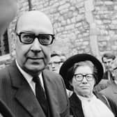 English poet Philip Larkin (1922 - 1985) with his muse and mistress Monica Jones at the memorial service for Poet Laureate Sir John Betjeman at Westminster Abbey, London, 29th June 1984. (Photo by Daily Express/Hulton Archive/Getty Images)