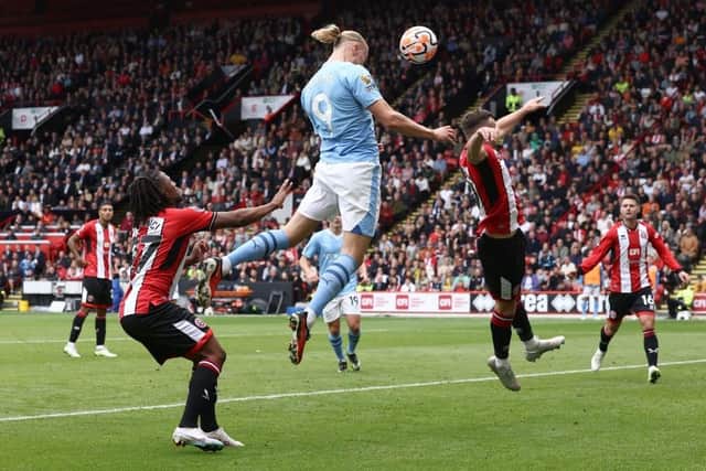 HEAD BOY: Manchester City's Norwegian striker Erling Haaland breaks the deadlock