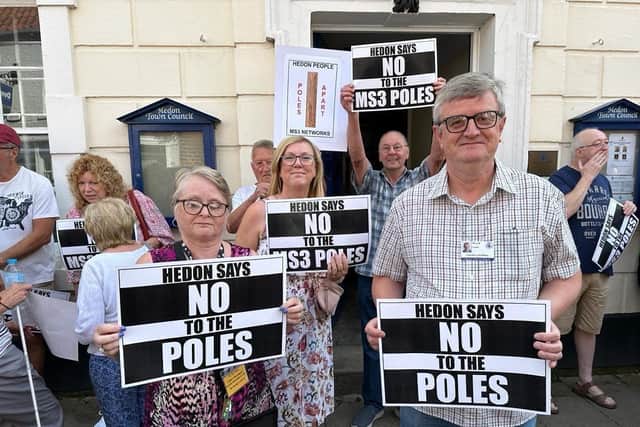 Protesters gathered outside Hedon Town Hall protesting against MS3 installing broadband telegraph poles on Thursday, September 7