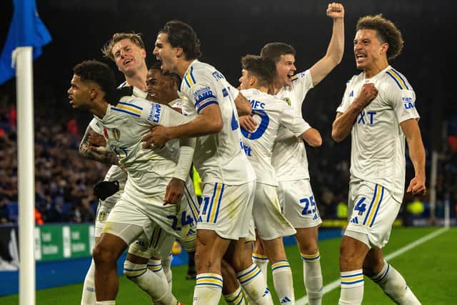 STATEMENT WIN: Leeds United players celebrate Georginio Rutter's goal in the win at Leicester City  but Daniel Farke says it will make the Plymouth game more challenging