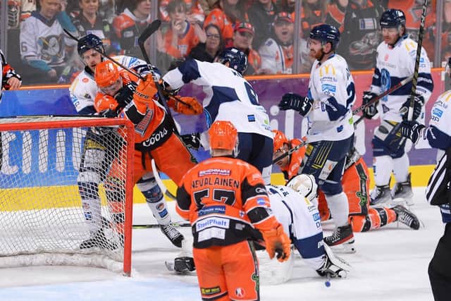 BAD NIGHT: Sheffield Steelers and Coventry Blaze players clash during Saturday night's Elite League encounter at the Utilita Arena which the visitors won 5-3 with two goals inside the last 40 seconds. Picture: Dean Woolley/Steelers Media/EIHL