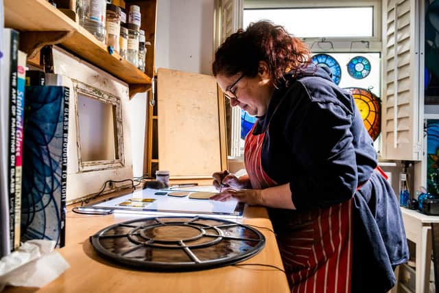 Hilary Holmes a Stained Glass Designer and Maker based at Harrogate will be one of the many artist displaying their works at The Hepworth Wakefield, Festival Market, held on Sat 25th & Sun 26th Nov - Sat 2nd Sun 3rd Dec - 10am - 4pm. Picture By Yorkshire Post Photographer,  James Hardisty.