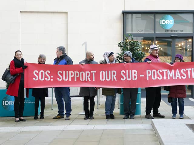 Library image of protestors outside the Post Office Horizon IT inquiry at the International Dispute Resolution Centre, London. (Photo by Kirsty O'Connor/PA)