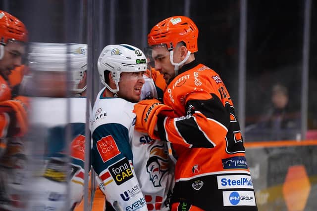 UP CLOSE AND PERSONAL: Sheffield Steelers' Mason Mitchell gets a closer look at Belfast Giants' opponent  Gabe Bast during Sunday night's 3-2 defeat. Picture courtesy of Dean Woolley/EIHL.