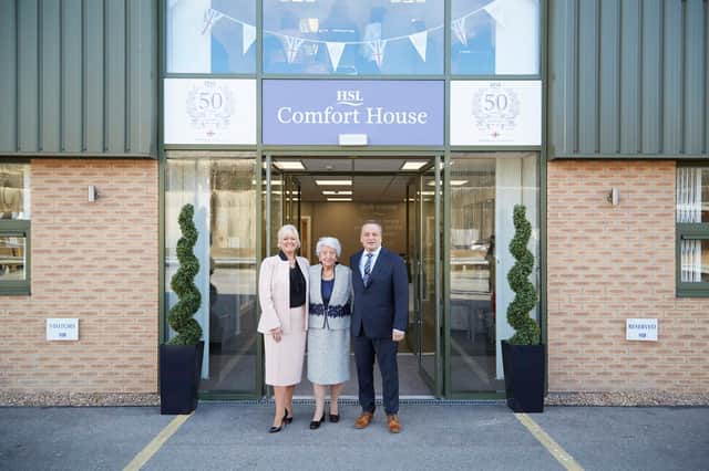(From left) Debra Burrows (Director and business owner), Patricia Burrows (founder of HSL) and William Burrows (chairman and co-owner of HSL) in front of HSL headquarters in Batley
