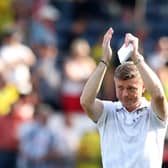 BLACKBURN, ENGLAND - AUGUST 14: Blackburn Rovers manager Jon Dahl Tomasson applauds the fans during the Sky Bet Championship between Blackburn Rovers and West Bromwich Albion at Ewood Park on August 14, 2022 in Blackburn, England. (Photo by Jan Kruger/Getty Images)