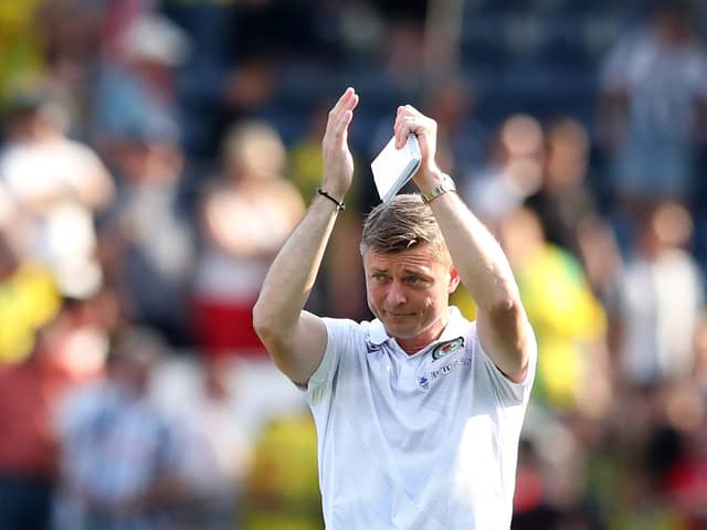 BLACKBURN, ENGLAND - AUGUST 14: Blackburn Rovers manager Jon Dahl Tomasson applauds the fans during the Sky Bet Championship between Blackburn Rovers and West Bromwich Albion at Ewood Park on August 14, 2022 in Blackburn, England. (Photo by Jan Kruger/Getty Images)