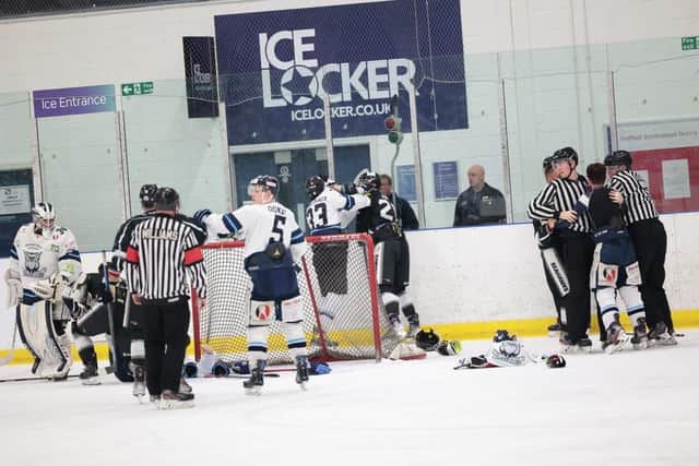 FLASHPOINT: Tempers flare between Sheffield Steeldogs and Hull Seahawks in Tuesday night's NIHL National derby at Ice Sheffield. Picture: Peter Best/Steeldogs Media