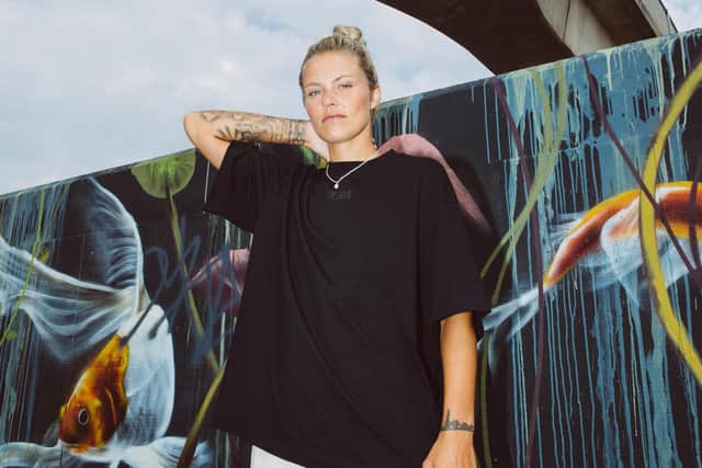 Rachel Daly wears the HERA Limited edition ‘Passion & Courage’ T-shirt designed in partnership with the brand and launching on July 16, costing £46, at heraclothing.com.