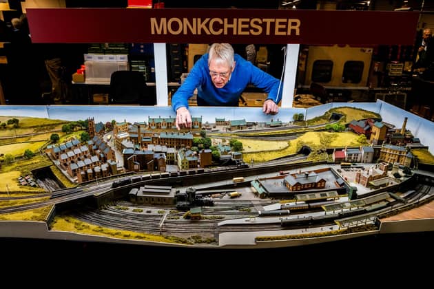 Peter Brown, Chairman of Newcastle & District Model Railway Society with their N-Gauge layout of Monkcester