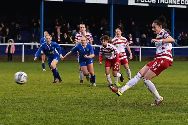 Belles captain Jess Andrews scores from the spot back in October (Picture: Howard Roe/AHPIX LTD/courtesy of Doncaster Rovers)