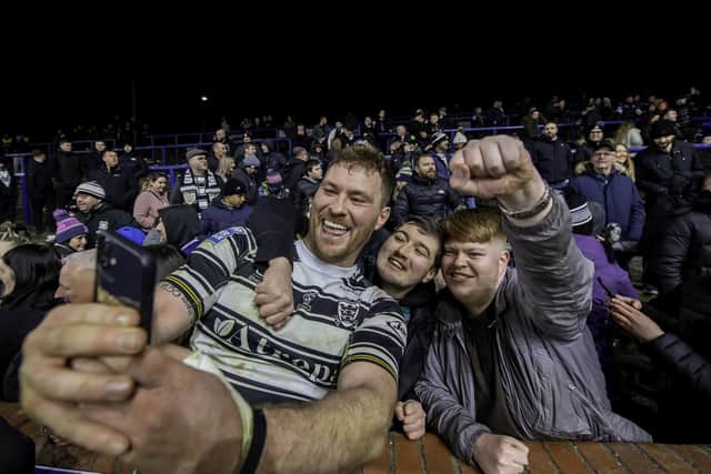 Scott Taylor takes selfies with fans after Hull FC's victory over Leeds. (Photo: Allan McKenzie/SWpix.com)