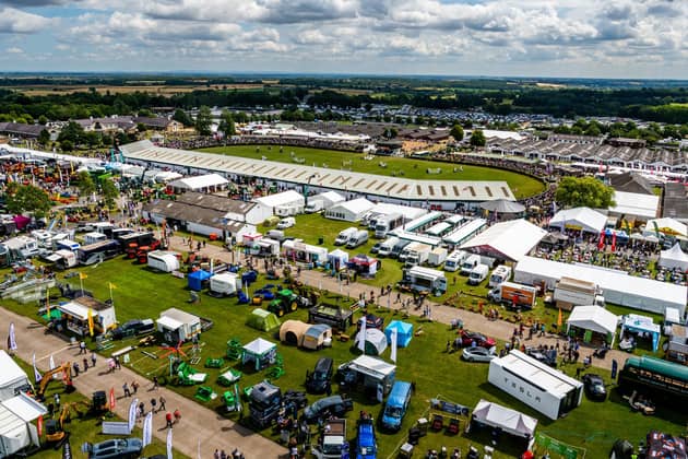 A birds eye view over the one of the biggest agricultural events in the English calendar the Great Yorkshire Show held in Harrogate, North Yorkshire, seen from the top of the Giant Wheel one of the main attraction in the show ground. Picture By Yorkshire Post Photographer,  James Hardisty. Date: 13th July 2023.