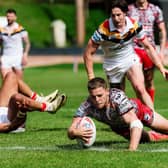 INCOMING: Bailey Hodgson touches down for Leigh at Bradford in their Odsal meeting back in June.  Picture by Alex Whitehead/SWpix.com