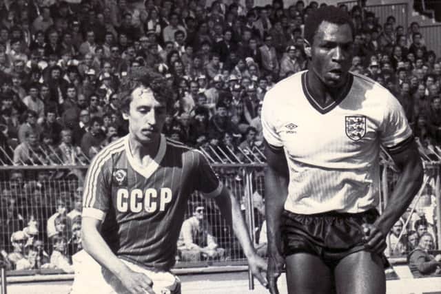 Boundary-busting: Luther Blissett, playing for Enmgland against the USSR in 1984, two years after he had been the first BME player to score for the country.