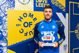 Leeds United striker Joel Piroe pictured with his Championship goal of the month award for September. Picture courtesy of Leeds United AFC.