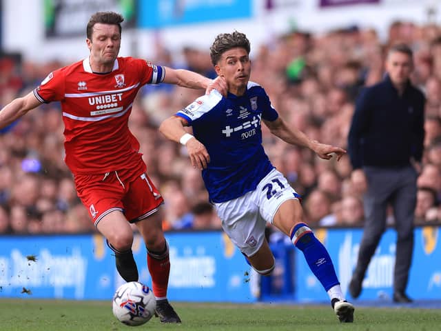 Held back: Jeremy Sarmiento of Ipswich Town and Jonathan Howson of Middlesbrough battle for possession (Picture: Stephen Pond/Getty Images)