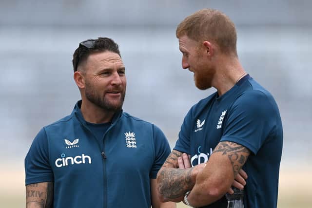 LATE CALL: England captain Ben Stokes speaks with coach Brendon McCullum during a nets session  in Ranchi Picture: Gareth Copley/Getty Images