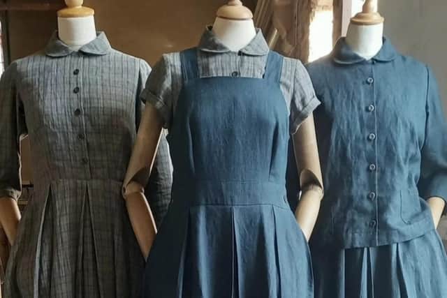 Grey check dress, pinafore dress and shirt and skirt at the Eliza Lamb studio in York. Dresses are around £200-£250, skirts about £120, jackets, £125.