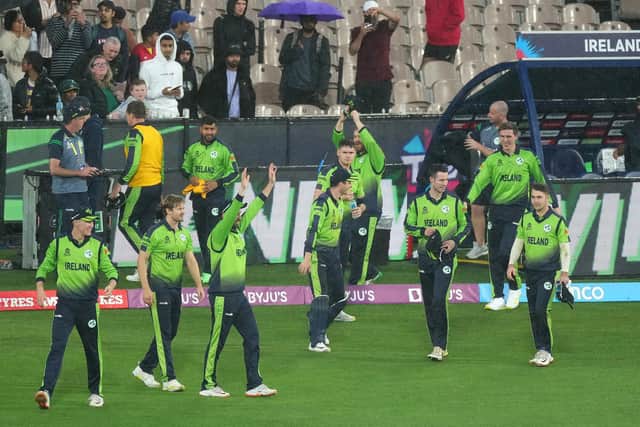 PARTY TIME: Ireland's players celebrate following their win in the T20 World Cup Super 12 match in Melbourne. Picture: Scott Barbour/PA