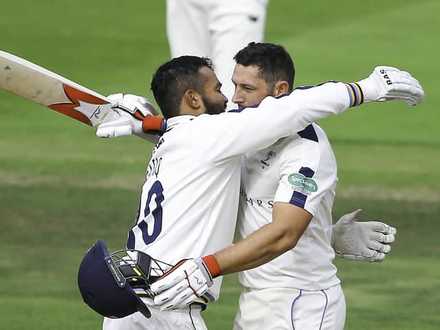 Yorkshire's Tim Bresnan (R) celebrates his century with Azeem Rafiq (L) during a COunty Championship match back in 2016 (Picture: SWPix.com)