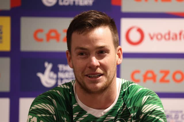 Luke Keary looks on during the post-match press conference. (Photo by George Wood/Getty Images for RLWC)