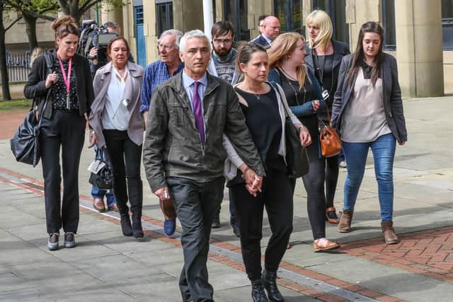 Peter Weaver, the grandfather of Jasmine Weaver and Evelyn Lupridi who were murdered by their mother Samira Lupridi, leads the family out of court after reading a statement on their behalf after Samira was sentenced to twenty four years at Bradford Crown court. Image; Ross Parry Agency
