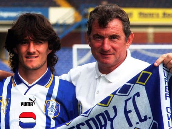 David Pleat shows off new Owls signing Benito Carbone to the press in 1996