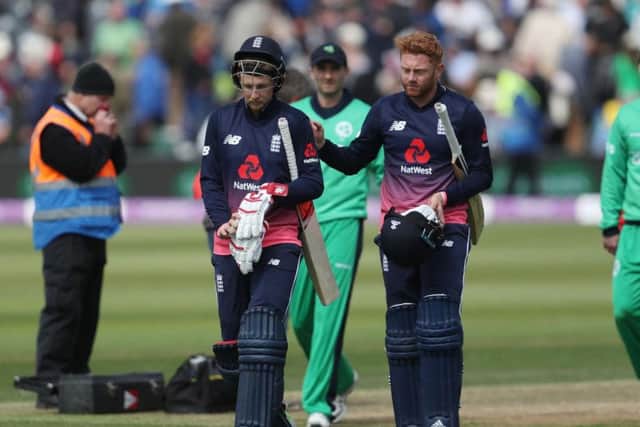 Jonny Bairstow pats Joe Root on the shoulder after denying him a half century by scoring the winning runs (Photo: PA)