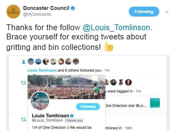 Doncaster Council announces the news that Louis Tomlinson is following them on Twitter. (Photo: MyDoncaster/Twitter).