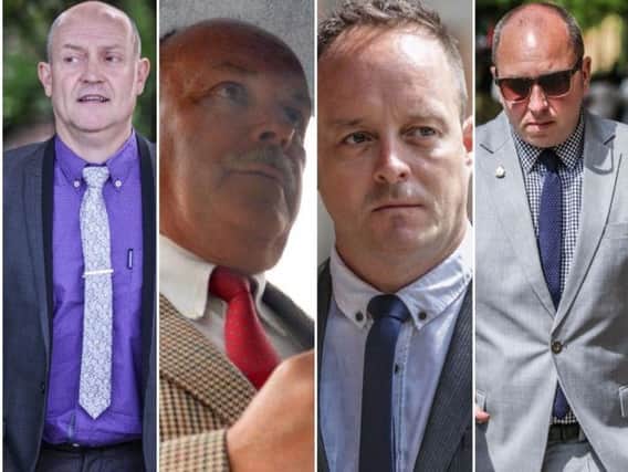 L-R) Lee Walls, Malcolm Reeves, Matthew Lucas and Matthew Loosemore are all accused of participating in the filming of naked sunbathers while employed as members of a South Yorkshire Police helicopter crew