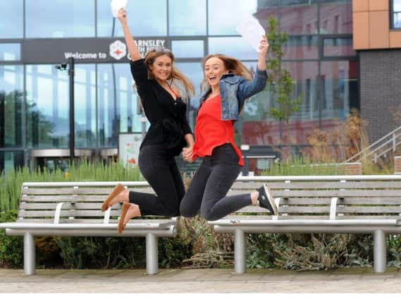 Students collect their A level results at Barnsley College. L-R Emily Shaw (1 A and 2 Cs...going to University of Lincoln to study History) and Ellouise Gough (1 A* and 2 As...going to Leeds University to study Philosophy, Politics and Economics) Picture Scott Merrylees
