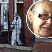 Forensic officers at the house in Berkeley Mount, Harehills, Leeds where Angela Conoby (pictured, inset) was allegedly murdered.