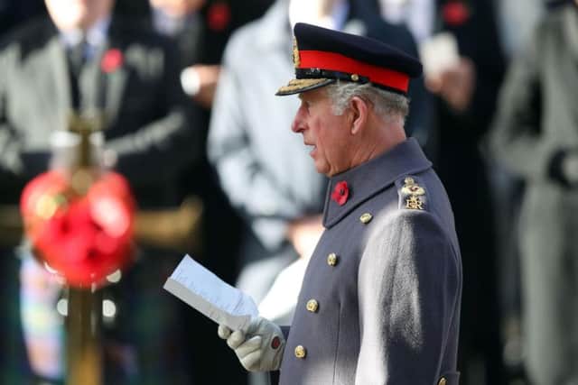 The Prince of Wales during the remembrance service at the Cenotaph memorial in Whitehall, central London, on the 100th anniversary of the signing of the Armistice which marked the end of the First World War.