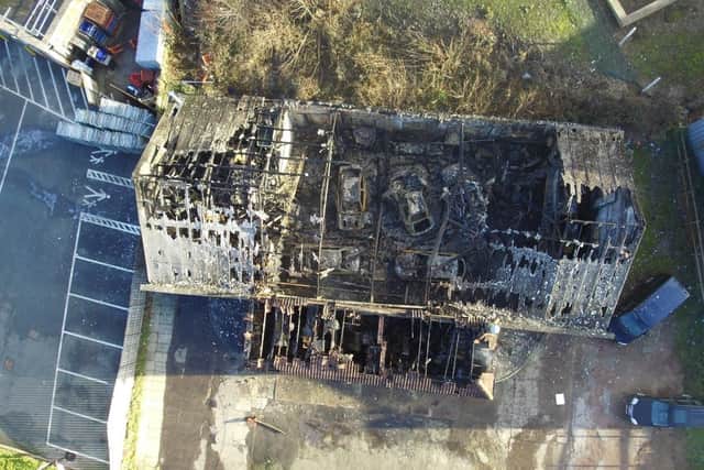 A view from above of the damage caused during the major fire at Northallerton Tyre and Battery Centre. Picture: @CDDFRS