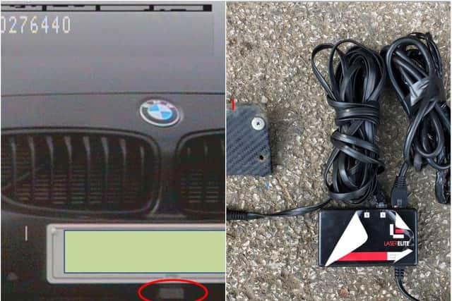 Left: The laser jammer was fitted to the vehicle. Right: The device.