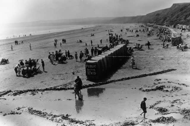 Public bathing tents on the beach at Filey.
