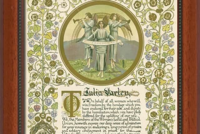 A certificate presented to Bradford-born Trade Unionist and Suffragette Julia Varley from Emmeline Pankhurst is on display at Bradford City Hall.